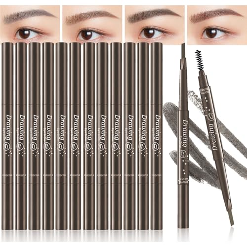 12 Pcs Eyebrow Pencils 2 in 1 Tip-and-Brush Eyebrow Pencil with Retractable and Waterproof Eyebrow Pencil for Women and Beginners (Dark Brown)