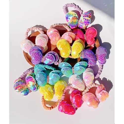 Lemeilleur 14 Pcs Sequined Butterfly Hair Ties Bow Hair Ties Elastic Rubber Bands Hair Scrunchies for Toddlers Girls Rainbow Sequin Sparkle Ponytail Holders Hair Accessories