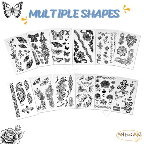 12 Sheets Temporary Self Adhesive Transfer Arabic Arabian Tattoo Tattoos Stickers Black Waterproof Sticker Islamic Muslim Islam Body Henna Word Ramadan Eid Stencils Stencil Temples Body Art Designs