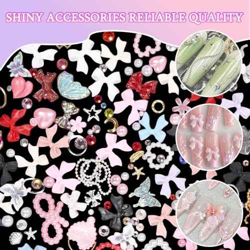 2 Boxes 3D Nail Charms Set, 8 Colors Nail Bows Charms, Multi Color Bow Flower Butterfly Moon Heart Pearls Acrylic Nail Art Charms, Nail Charms and Gems, Nail Art Pearl Rhinestones for Nail Art DIY
