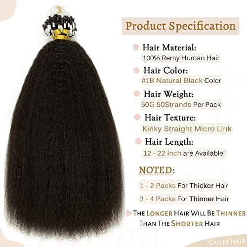 Caliee Micro Loop Real Human Hair Extensions Kinky Straight Natural Black Brazilian Remy Hair Extension for Black Women 20 Inch, Micro Beads Hair Extensions Natural Hair 1B Color 50g 1g/s 50s
