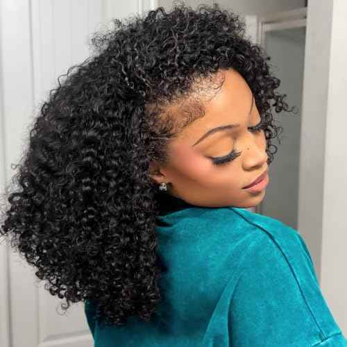 Kinky Curly Half Wig Human Hair 200 Density 3 In 1 Drawstring Seamless Flip Half Wigs Wear Go Glueless Wigs Human Hair 18 Inch Curly Half Wig for Women Drawstring Headband Wig Beginner Friendly