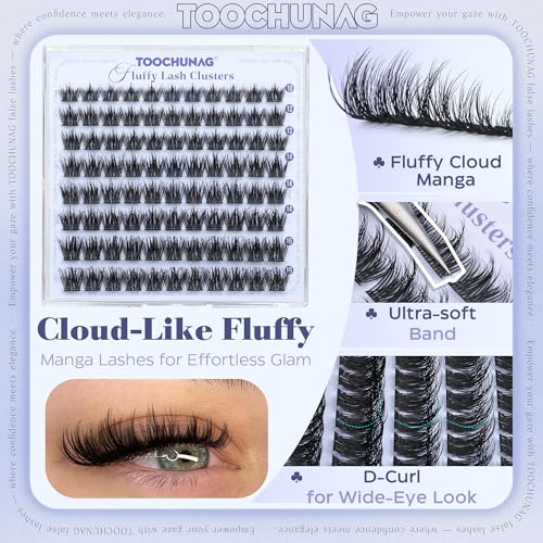 TOOCHUNAG Manga Fluffy Lashes Clusters 10-16mm D+ Curl False Eyelash Extensions