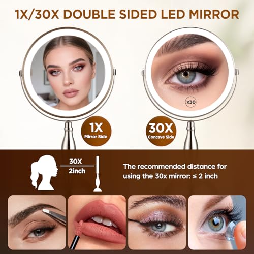 30X Magnifying Makeup Mirror with 3 Color Light & 5000mAh Battery