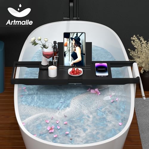 Artmalle Bathtub Tray for Tub, Expandable Bamboo Bath Caddy Tray with Book Stand for Home Spa Relaxing, Foldable Minimalist Bathroom Accessories for Women Men (Simple, Black)