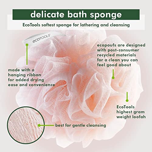 EcoTools Delicate EcoPouf Bath Sponge, Made With Recycled Materials, Exfoliating Bath Pouf, Loofah for Shower & Bath, In Assorted Colors, Green, White, Pink, and Gray, Perfect for Men & Women, 6 Count