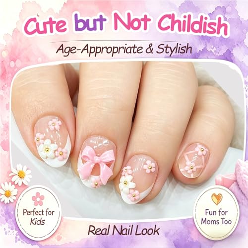 24pcs Kids Press On Nails - Trendy Ballet Bow & Flower Designs