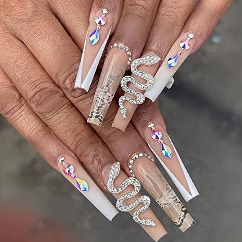 MISUD Coffin Press on Nails Long Ballerina Fake Nails Glossy Glue on Nails White French Tip Artificial Acrylic Nails Luxury 3D Snake Shpae Rhinestone Stick on False Nails 24 pcs