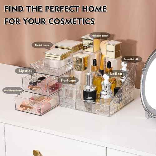 Clear Makeup Organizer for Vanity,Desk Makeup Caddy With Drawers for Cosmetics,Lipsticks Nail Care Skincare Jewelry Countertop Organizers,Cosmetic Display Cases for Bathroom, Dresser (Clear)