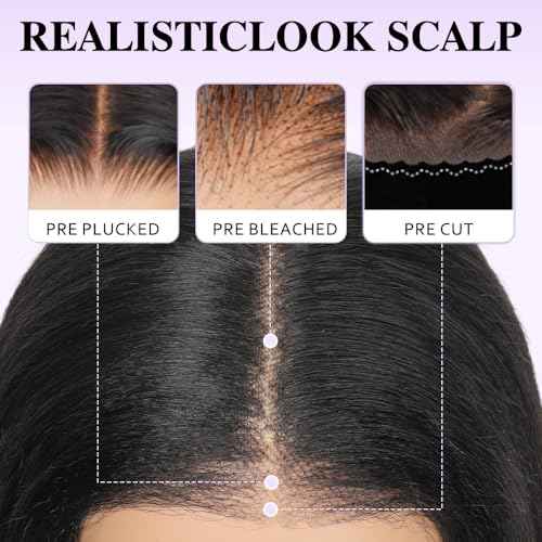 Bob Wig Human Hair Glueless Wigs Human Hair Pre Plucked Pre Cut Yaki Straight Human Hair Wig 180% Density 9x6 HD Lace Front Wigs for Black Women 14Inch