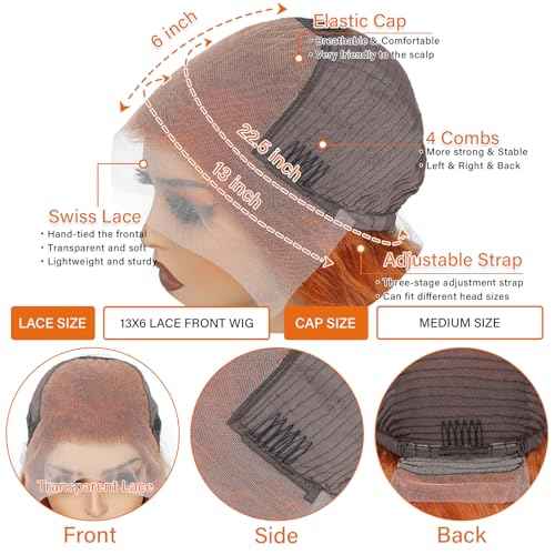 26 Inch 13¡¿6 Ginger Lace Front Wigs Human Hair Orange Ginger Body Wave HD Lace Frontal Wigs for Women 180% Density #350 Color Glueless Wig Pre Plucked Super Soft