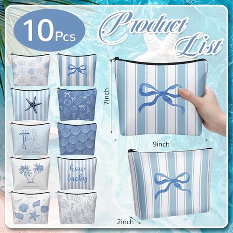 10 Pack Ocean Makeup Bags - Nautical Zipper Pouches