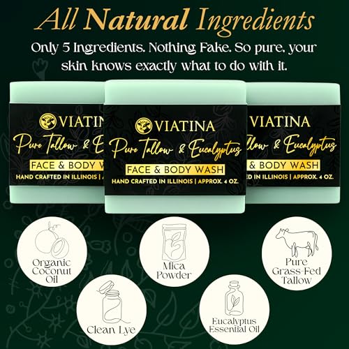 100% Beef Tallow Soap Bar Grass Fed - Natural Tallow Soap Bar for Women & Men - Eucalyptus Beef Tallow Soap - Handmade Grass Fed Tallow Soap made in USA - 3 Pack