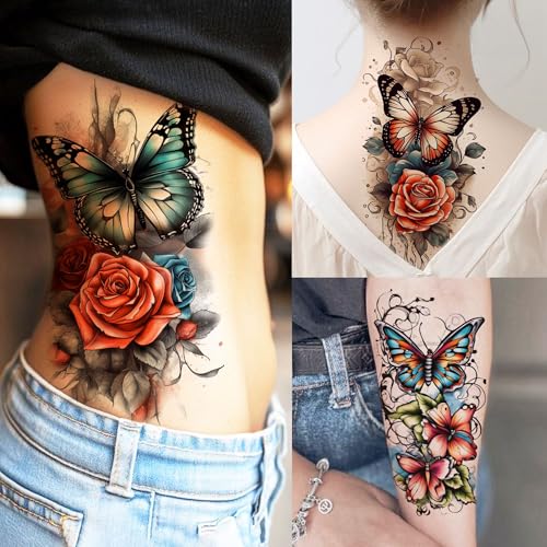 71 Sheets Temporary Tattoos - Watercolor Roses & Butterflies