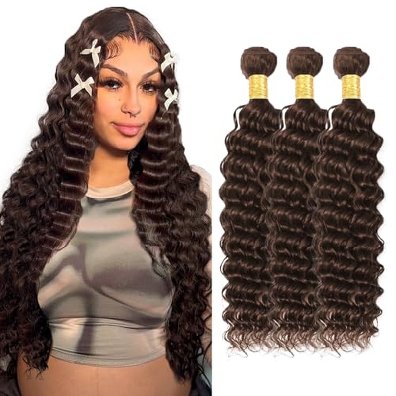 #4 Brown Deep Wave Human Hair Bundles 20 22 24 inch