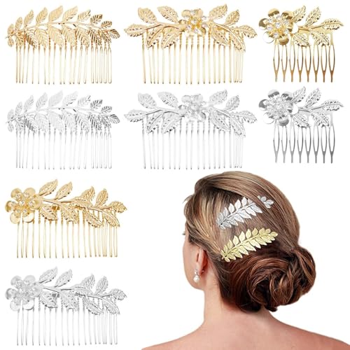 8 Pack Leaf Decorative Hair Combs - Gold & Silver Metal Side Clips