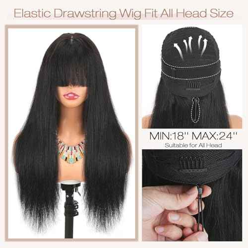 Straight Human Hair Wigs with Bangs 2x4 Lace Closure Wigs Human Hair 180% Density Drawstring Glueless Wigs Human Hair for Women Lace Front Wigs Human Hair Natural Black 22inch.