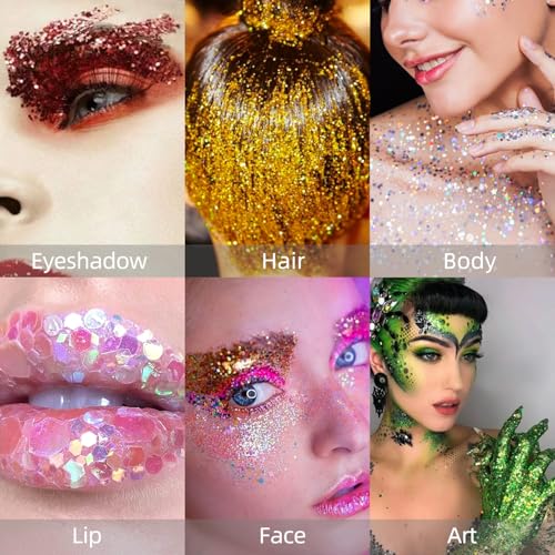 3 Pcs Body Glitter Stick, Holographic Sparkly Shimmer Face Glitter Gel Makeup for Face Body Hair Eyes & Lips, Halloween Chunky Glitter Sparkling Mermaid Sequins (White, Silver, Pink)