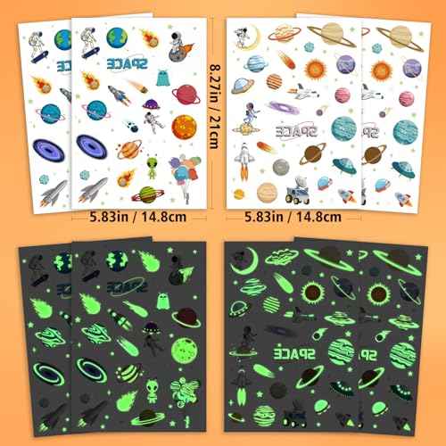 Temporary Fake Space Planets Glow In The Dark Tattoos For Kids, 80+ Pcs Space Astronaut Rocket Ship Alien Party Toys Favors Birthday Decorations For Boys Girls Teens(4 Sheets)