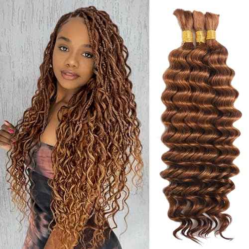 Human Braiding Hair for Boho Braids, Deep Wave Bulk Boho Braids Human Hair for Knotless Curly Bohemian Water Wave Braiding 110g 22 Inch Auburn Ginger (3 No Weft Bundles/Pack)