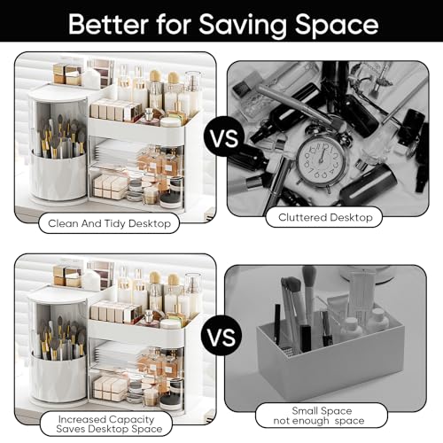 Rotating Makeup Organizer with Drawers & Brush Holder