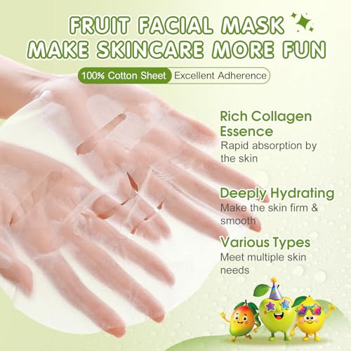 60 Pack Fruit Theme Face Mask for Kids, Easter Basket Stuffers, Sheet Hydrating Face Masks Skincare for Teens Women, Skin Care for Kids, Spa Party Supplies and Bulk Birthday Gifts for Girls