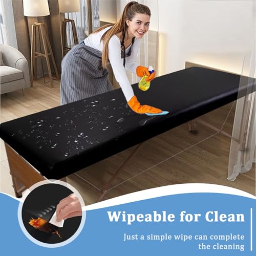 Waterproof PU Leather Massage Table Cover - Fitted Spa Bed Sheet (Black)