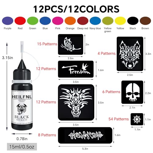 Temporary Tattoo Kit - 12 Colors Ink & 111 Stencils