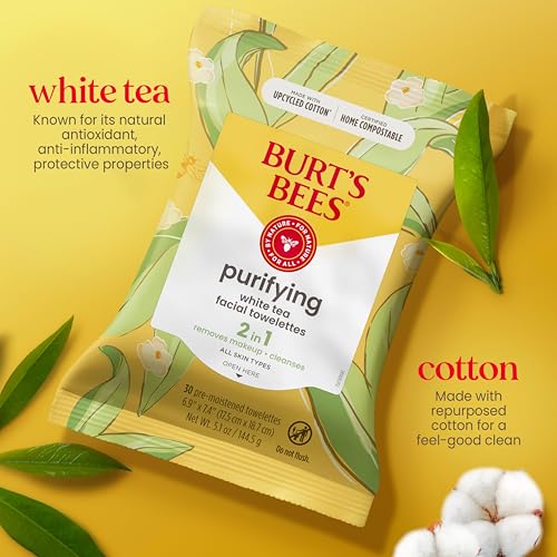 Burt's Bees White Tea Face Wipes, for All Skin Types, College Back to School Dorm Essentials, Hydrating Makeup Remover & Facial Cleansing Towelettes, 30 Ct, (Pack of 6)