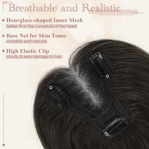 RUWISS 100% Human Hair Topper for Women Dark Brown – Lightweight Clip-In Hairpiece for Thinning Hair, Fluffy Straight