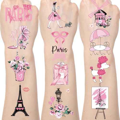 Pink Paris Temporary Tattoos - 200+ Paris Themed Party Decorations Favors Supplies for Girls Women French Theme Birthday Decor Eiffel Towers Bows Romantic Tattoo Stickers Gifts Rewards