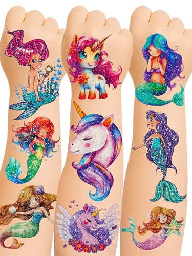 Girls 16 Sheets Glitter Temporary Tattoos - 150+ Mermaid & Unicorn Party Favors