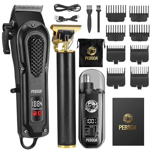 Pebsoa Professional Men's Hair Trimmer Set with T-Blade & Nose Trimmer