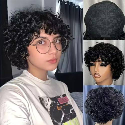 Adette Brazilian 6" Short Curly Wig with Bangs, 180% Density, Natural Black – 602-1B
