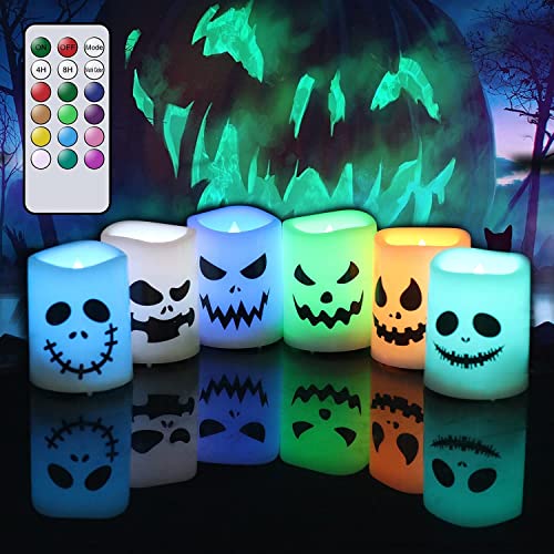GenSwin Halloween Flameless Votive Candles 6-Piece with Ghost Face Remote Timer (6-Ghost Face)