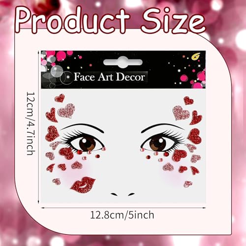 Red Glitter Heart Face Stickers with Rhinestones - 2 Pack