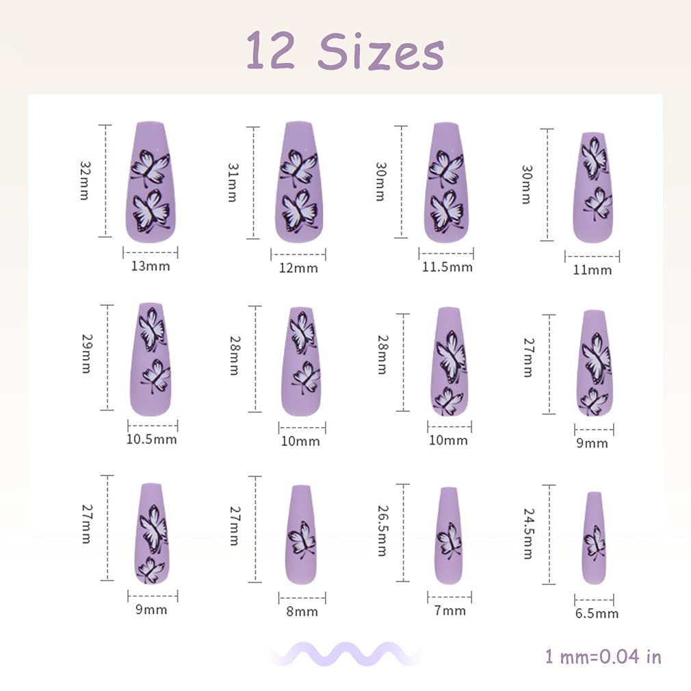 BABALAL Long Press on Nails Coffin Fake Nails Purple Acrylic Nails Matte False Nails Ballerina Stick on Nails for Women and Girls 24Pcs