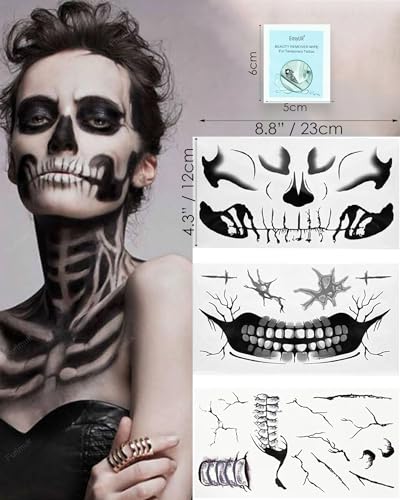 Halloween Skeleton Half Face Temporary Tattoos Kit with Remover