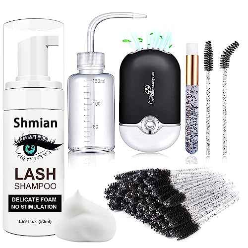 Lash Shampoo for Lash Extensions, Lash Fan with 50ml Eyelash Foam Cleanser and 50 Pcs Eyelash Brush and Rinse Bottle Oil Free/Sulfate Free Eyelash Wash Remover For Eyelash Extension Wash, Black