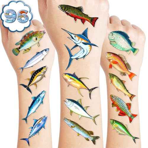 96 PCS Fishing Pre-Cut Temporary Tattoos Birthday Party Decorations Favors Supplies Decor Gone Fishing Fisherman Stickers For Girls Boys Gift School Prizes Rewards (Normal)