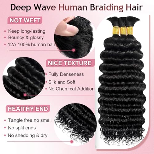 FONFUNY Human Braiding Hair 120g Boho Deep Wave 14 Inch Curly No Weft for Knotless & Bohemian Styles