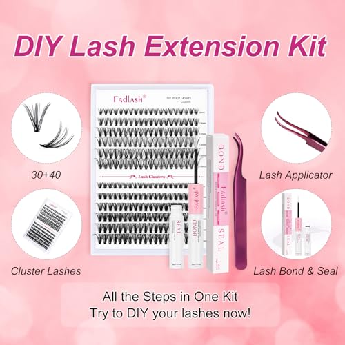 FADLASH Eyelash Extension Kit Lash Clusters Mix Tray Thin Band DIY Lash Extension Kit with Lash Bond and Seal Lash Tweezers Eyelash Applicator Tool Individual Lashes(F2-0.07D-15-20mm Kit)