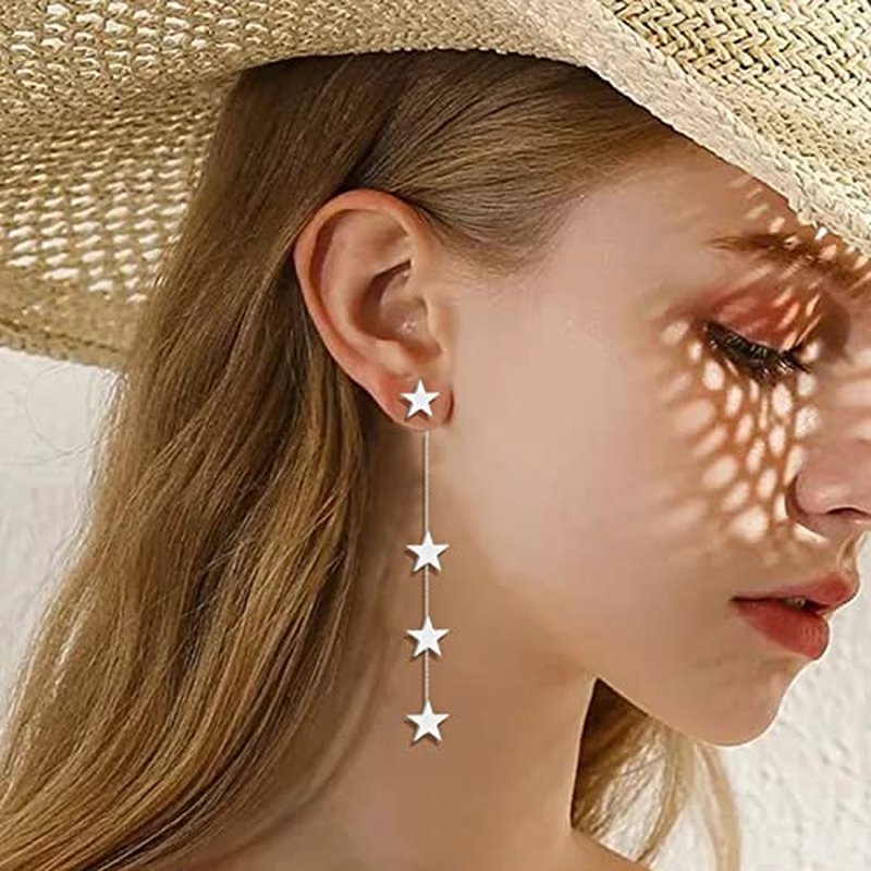 Iridescent Star Dangle Earrings - Long Tassel Fringe Jewelry