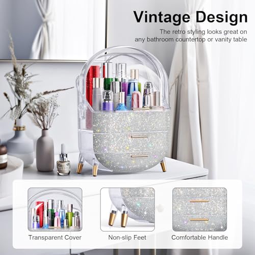 Makeup Organizer For Teen Girl Birthday Gifts, Cosmetic Display Cases with Transparent Cover, Skincare Organizers for Vanity, Perfume Organizer, Lotions Display Case, Lipstick Organizer (Rhinestone)