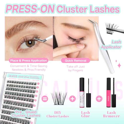 CALAILIS Self Adhesive Eyelashes 120Pcs D Curl Press on Wispy Lash Clusters No Glue Needed DIY Cluster lashes Pre Glued Reusable Glueless Eyelash Clusters Kit with Tweezers for Beginners (ZBP08)