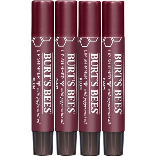 Burt's Bees Shimmer Lip Tint Set, Tinted Lip Balm Stick, Moisturizing for All Day Hydration with Natural Origin Glowy Pigmented Finish & Buildable Color, Plum (4-Pack)