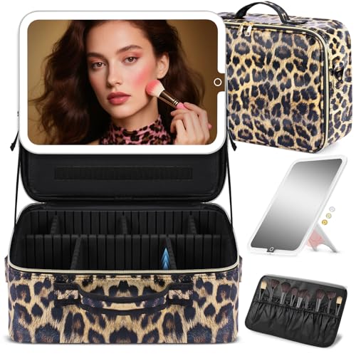 Large Travel Makeup Bag with LED Detachable Mirror - Leopard, Extra Large, Waterproof