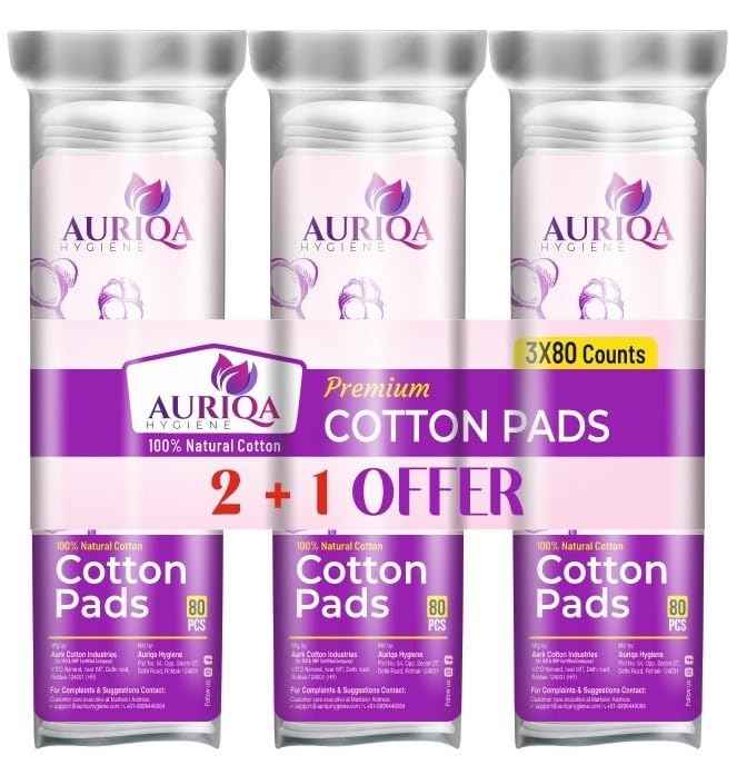 Auriqa Hygiene Premium Cotton Pads for Makeup Removal Round Pads - Pack of 6 - White Cotton, with Aloe Vera Extracts, Embossed, Double Sided, for Skin Cleaning (80 Each)