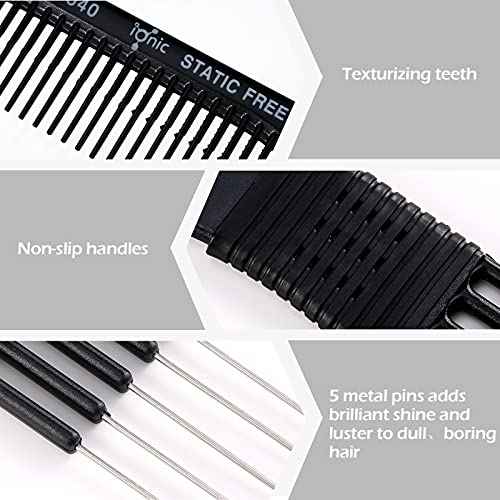 Patelai 4 Pcs Carbon Lift Teasing Comb with Metal Prong Lift Teasing Comb and Hair Pick Salon Fluffing with 5 Stainless Steel Pins for Women Hair(Black)