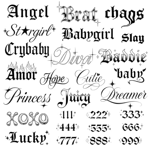 Sassy Script Temporary Tattoos | Y2K Gothic Words & Angel Numbers